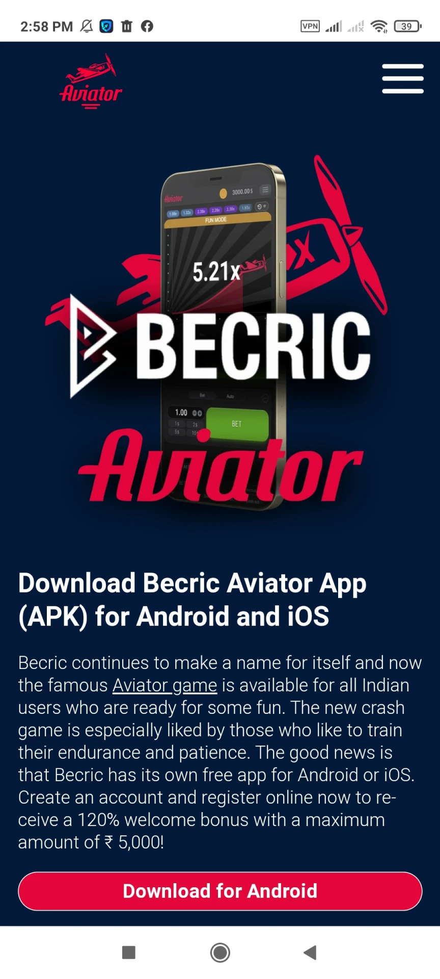 Jogue Aviator por meio do aplicativo Becric no Android.