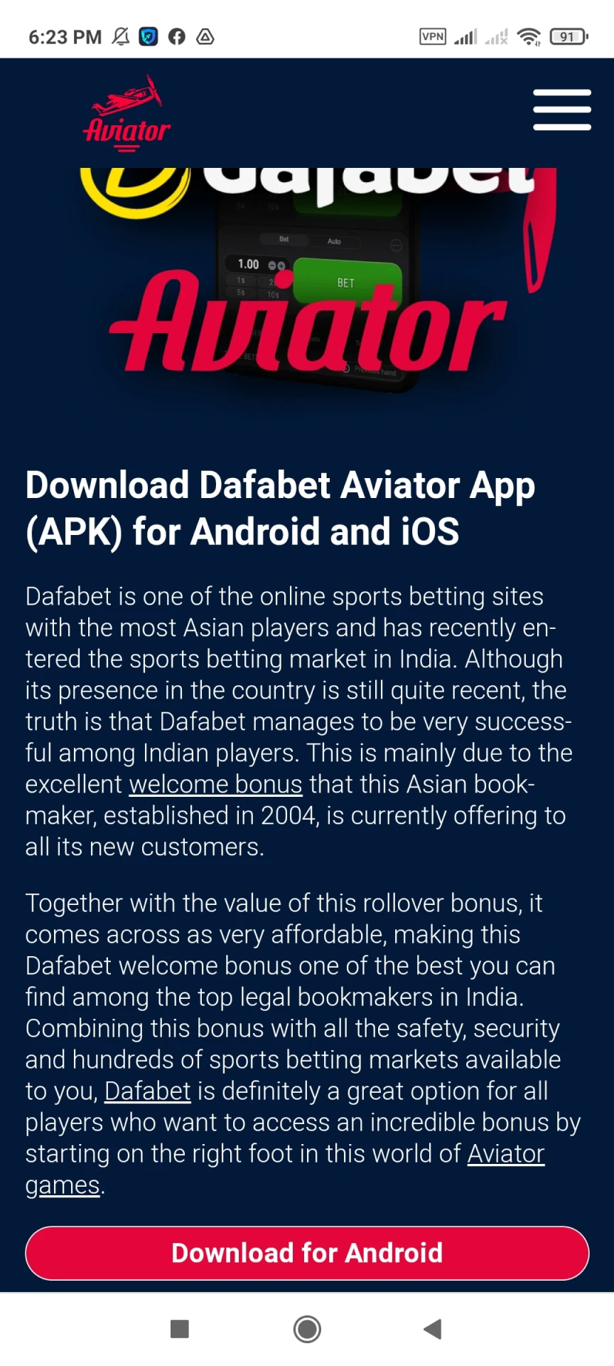 Play Aviator on Dafabet through your Android device.