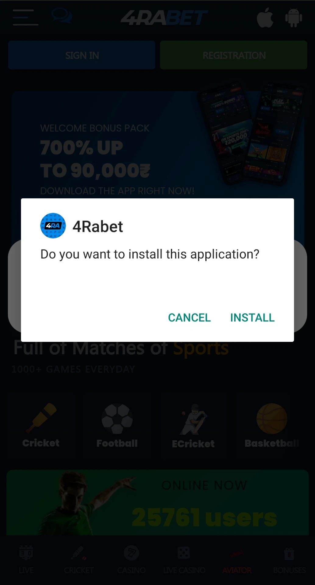 Instale o aplicativo 4rabet para jogar Aviator no seu telefone.