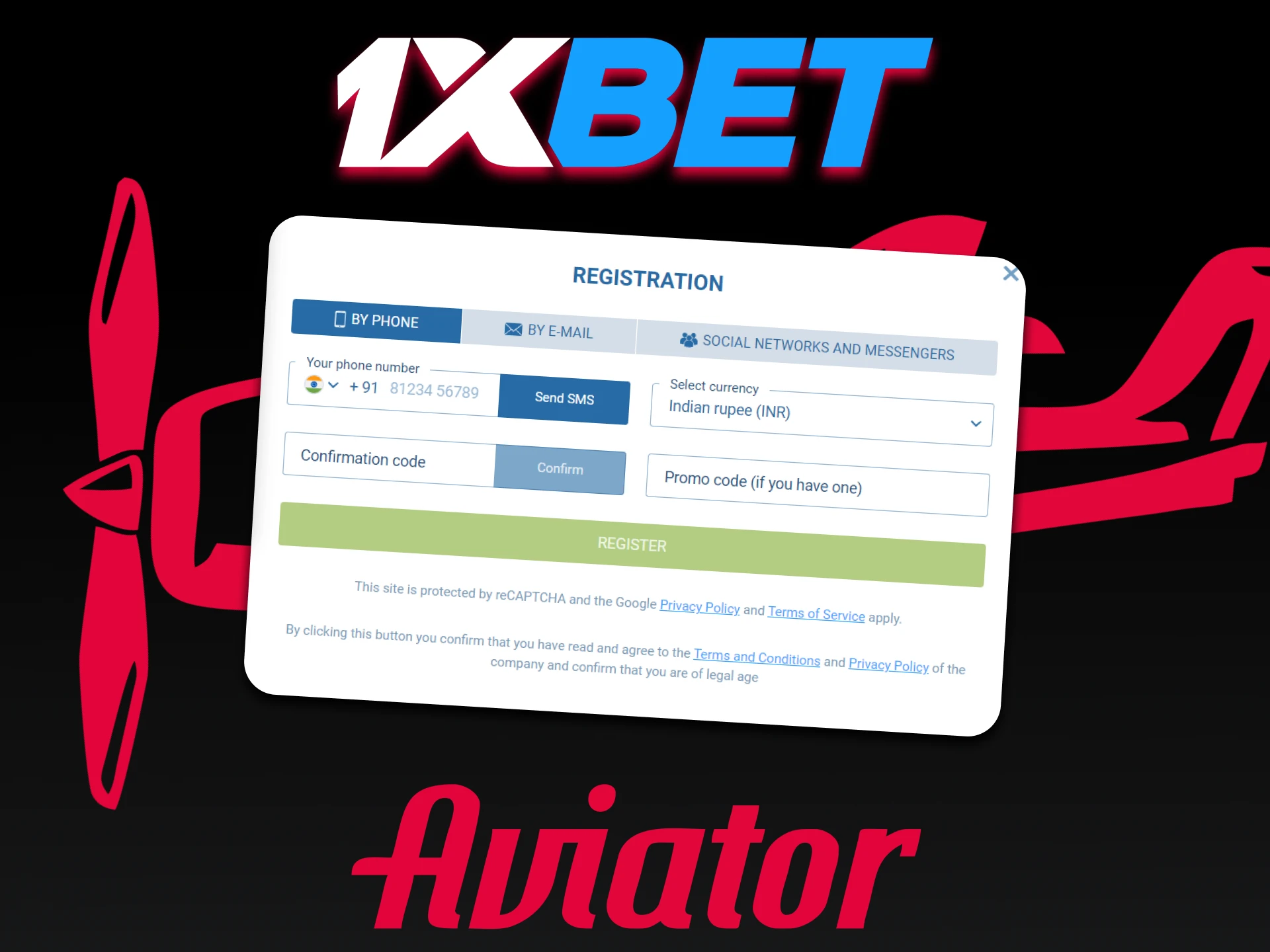 Go through the registration process at 1xbet to play Aviator.