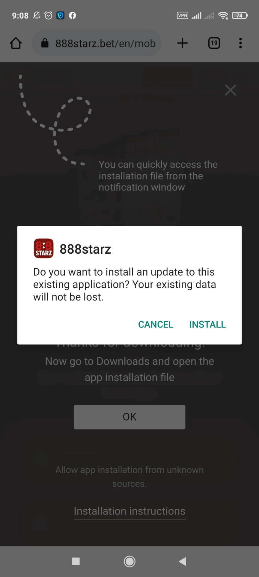 Install the 888starz app for Android.