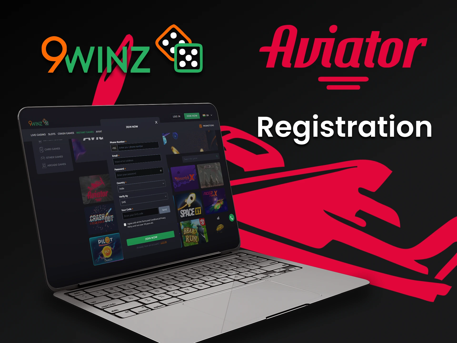 Create an account on 9winz to play Aviator.