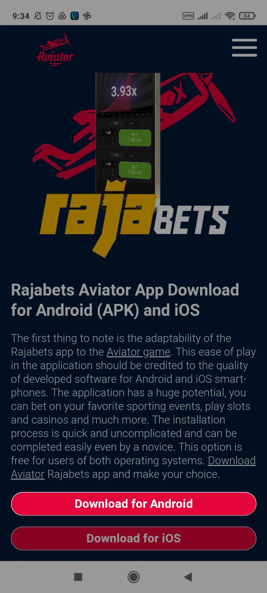Vá para a página de download do Rajabets para Android.