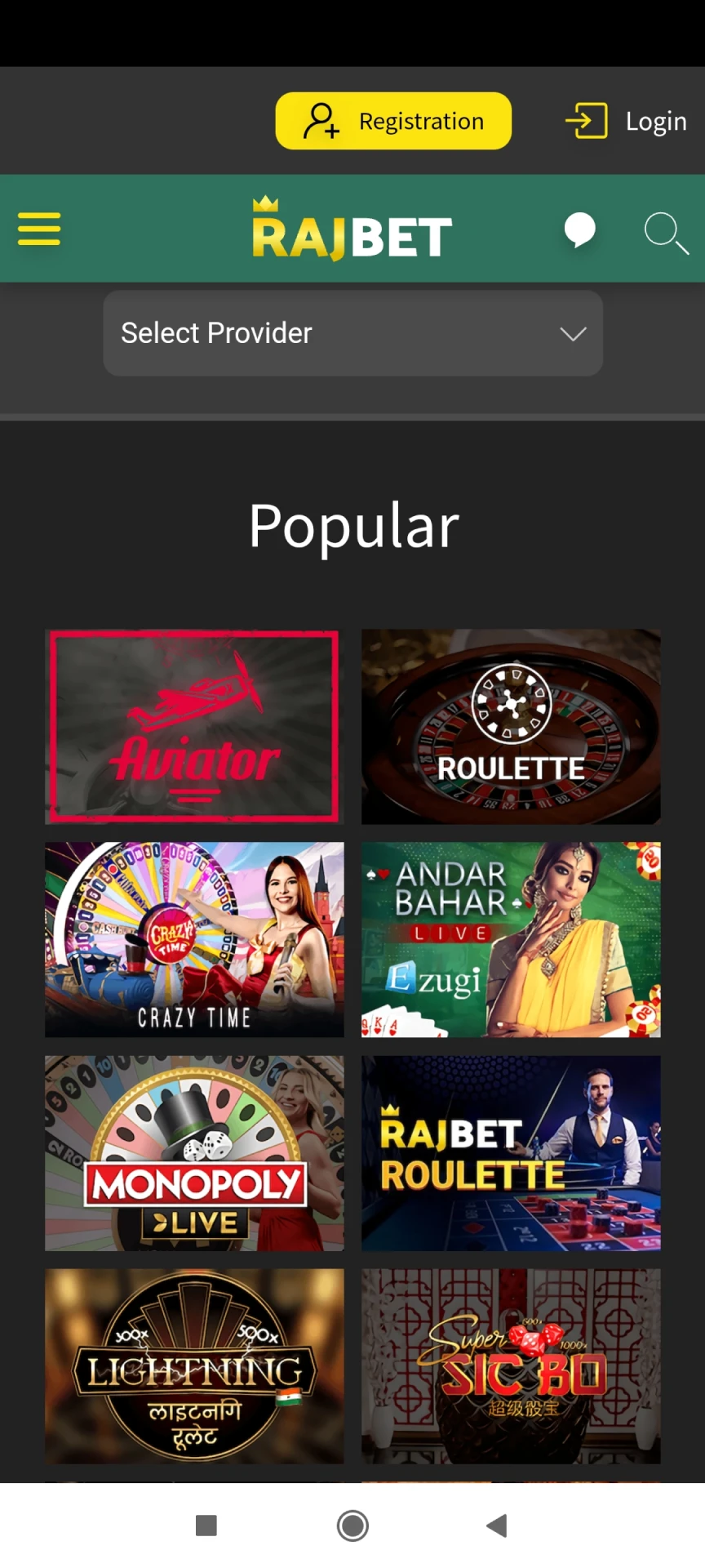 Screenshot of Rajbet app games.