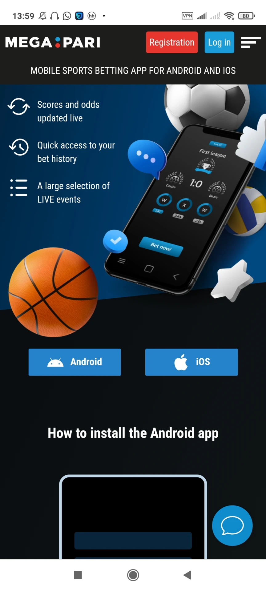 Acesse a página para baixar o app Megapari para Android.