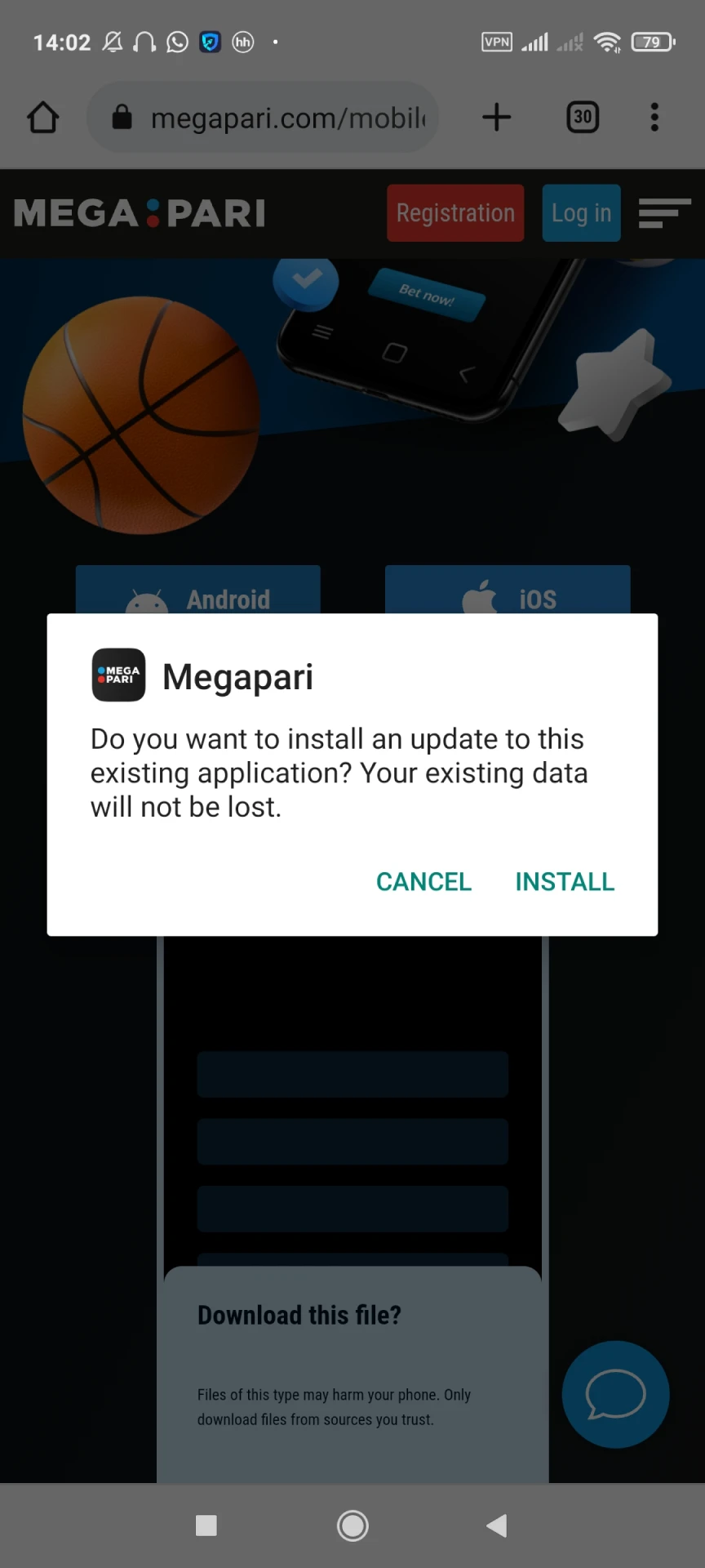 Prossiga para instalar o aplicativo Megapari para Android.