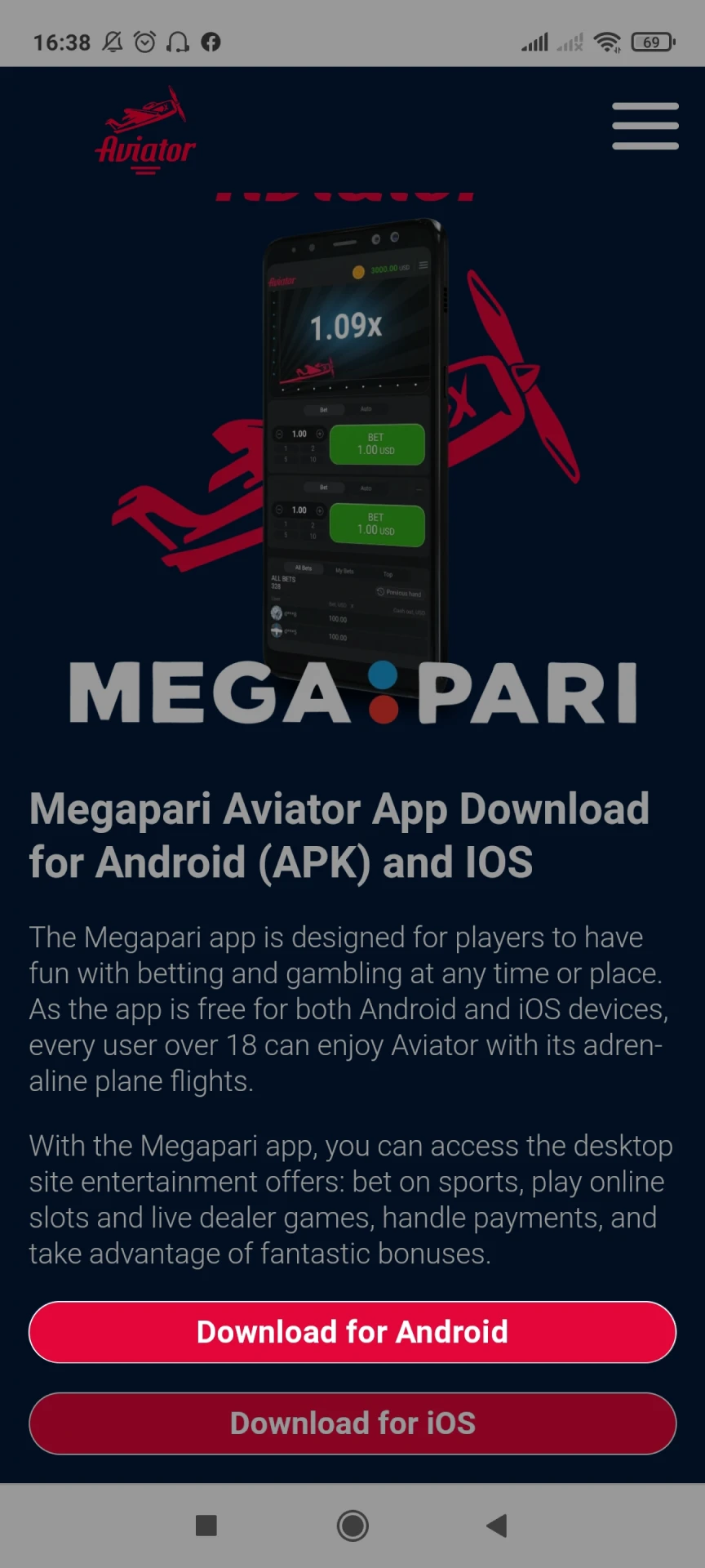 Acesse a página inicial do Megapari para baixar o aplicativo para Android.