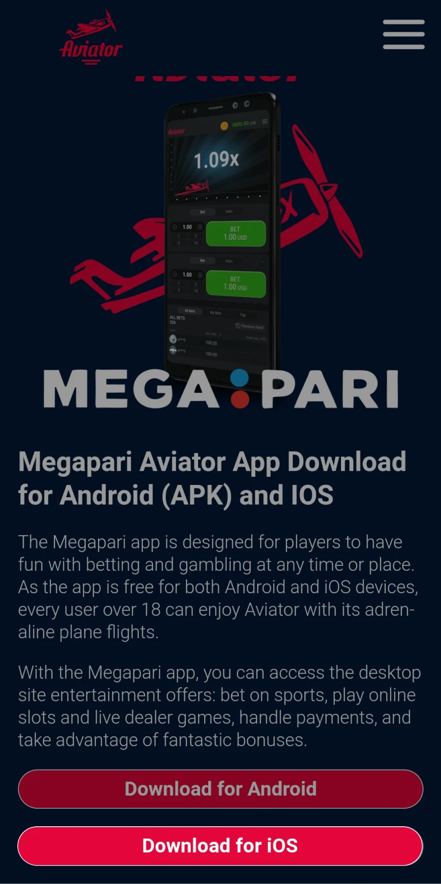 Acesse a página inicial do Megapari para baixar o app para iOS.