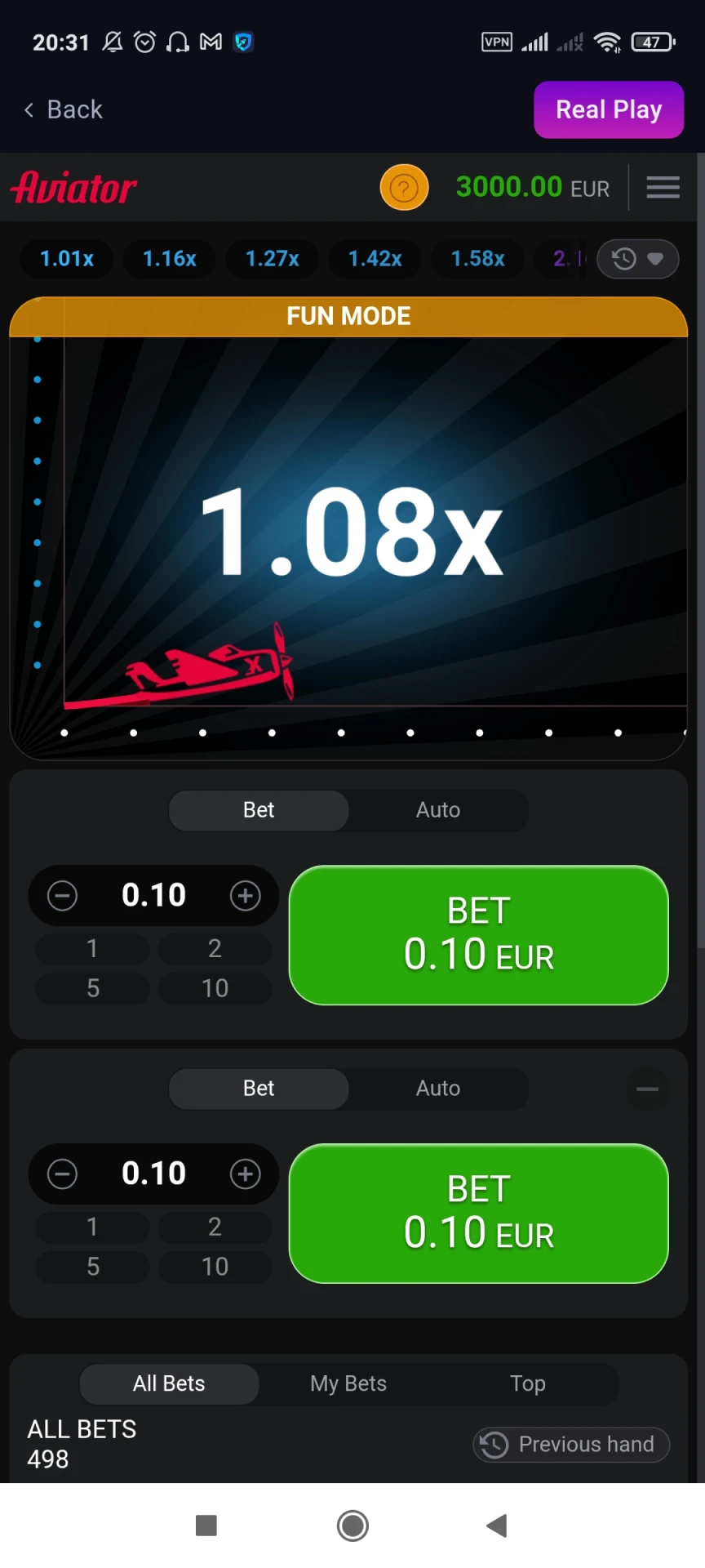 Explore the Aviator game tab of the Odds96 app.
