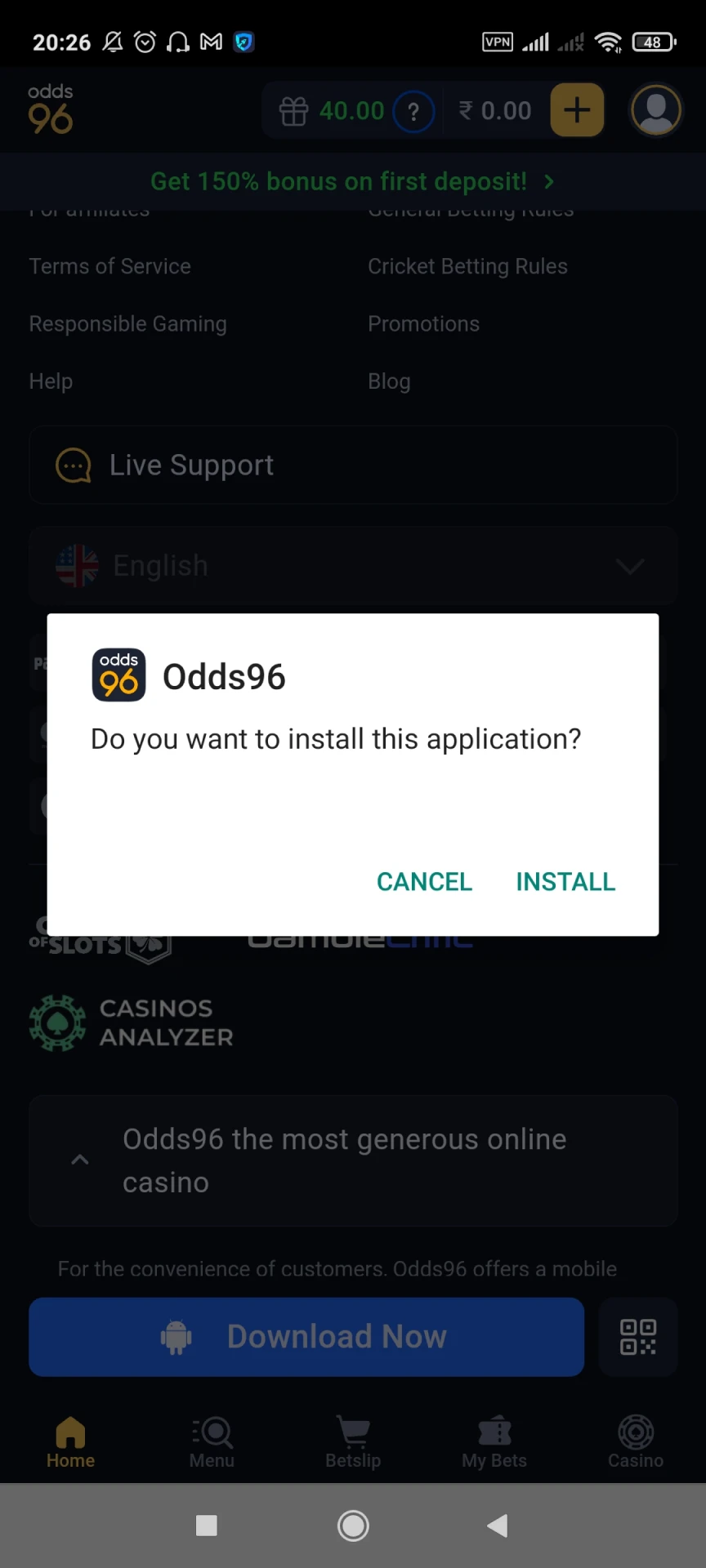 Install Odds96 apps for Android.