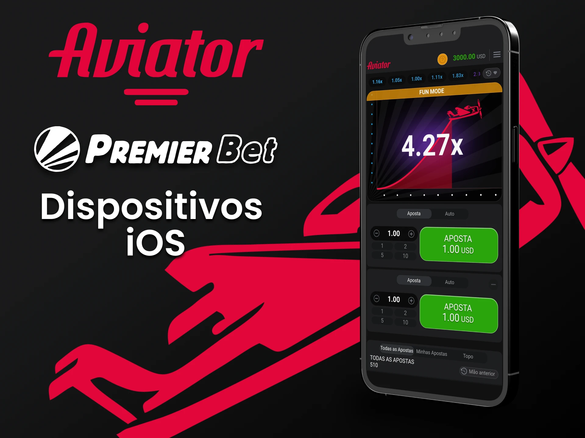 Jogue Aviator através do aplicativo Premierbet para iOS.