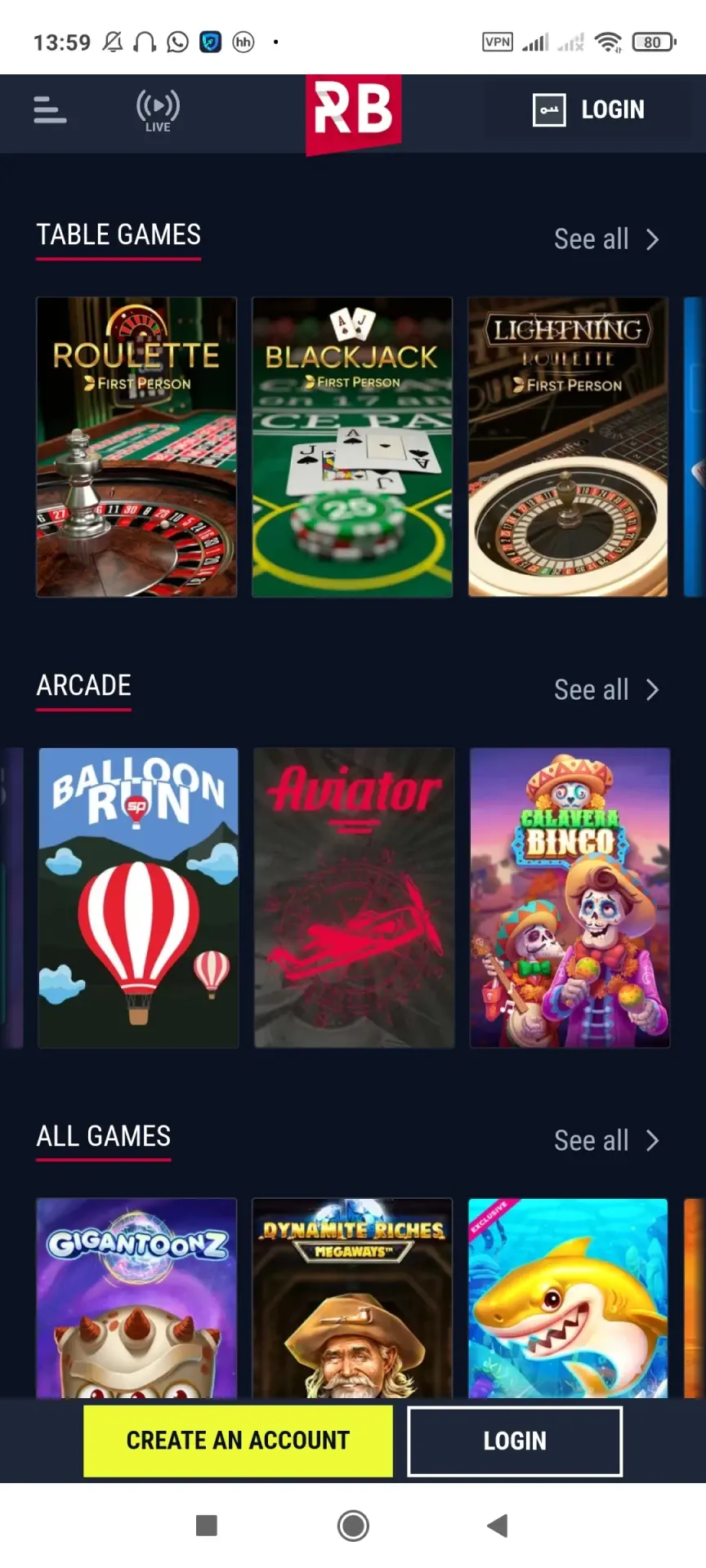 Explore the games tab of the Rabona app.