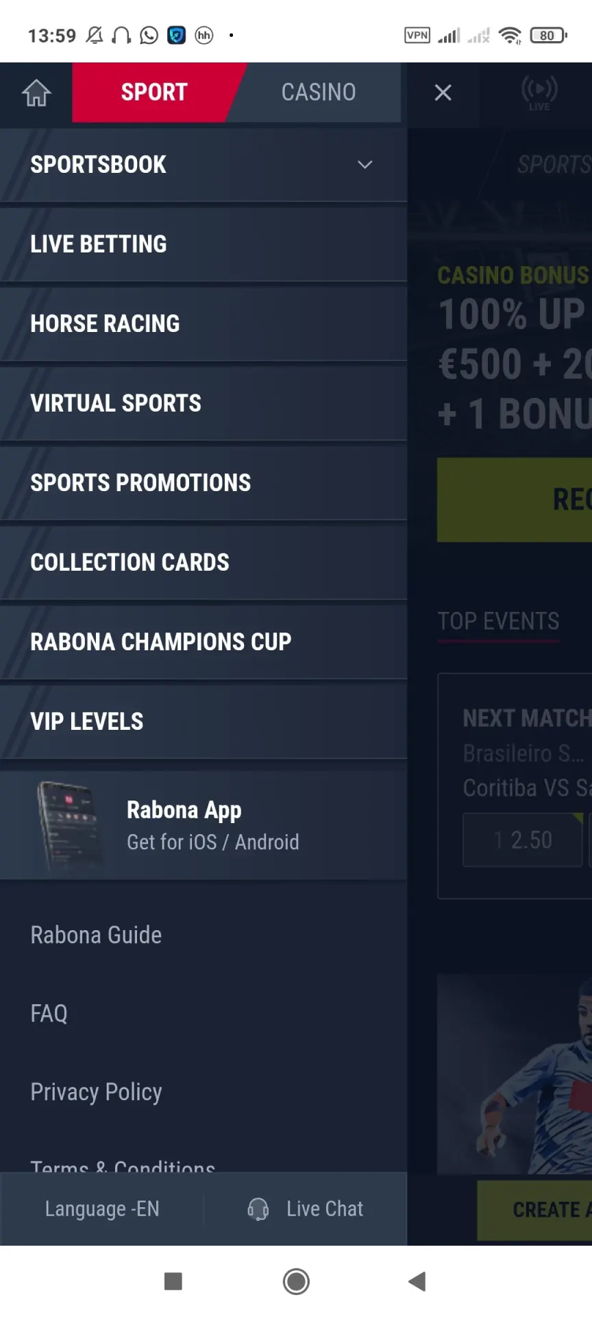 Enter in the Rabona app menu.