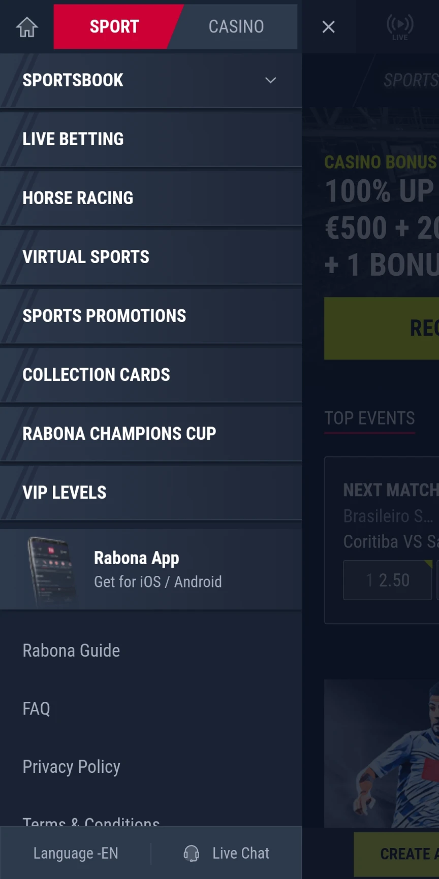 Baixe o aplicativo Rabona para iOS.