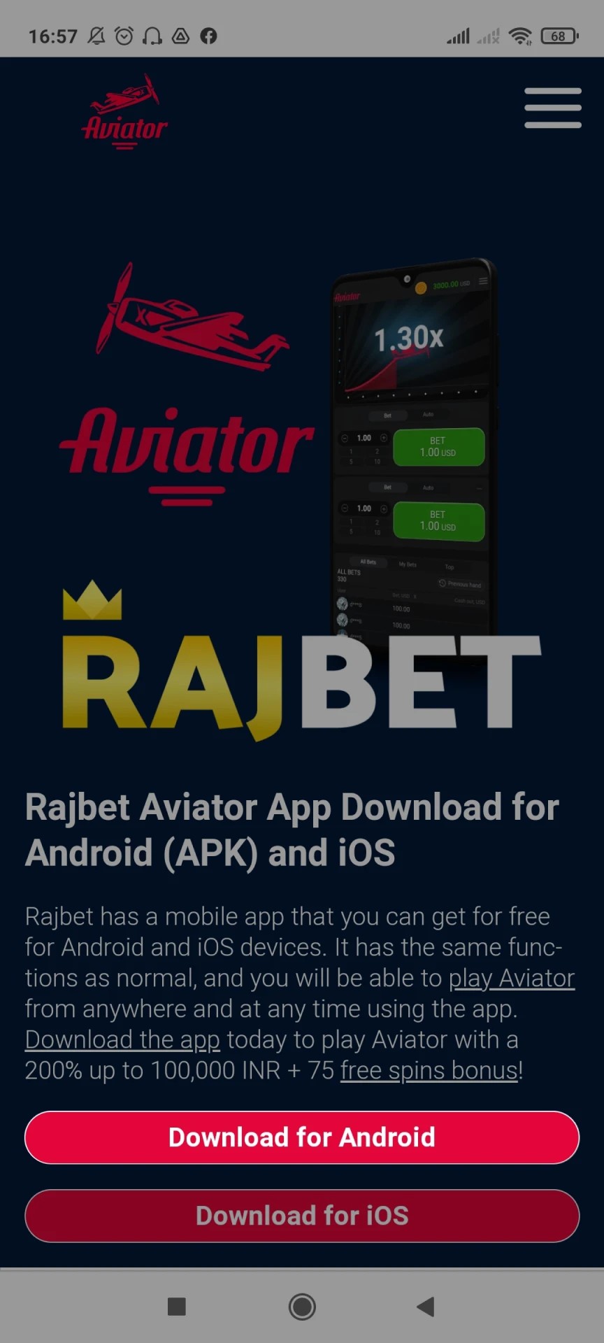 Go to the Rajbet homepage to download the app for Android.