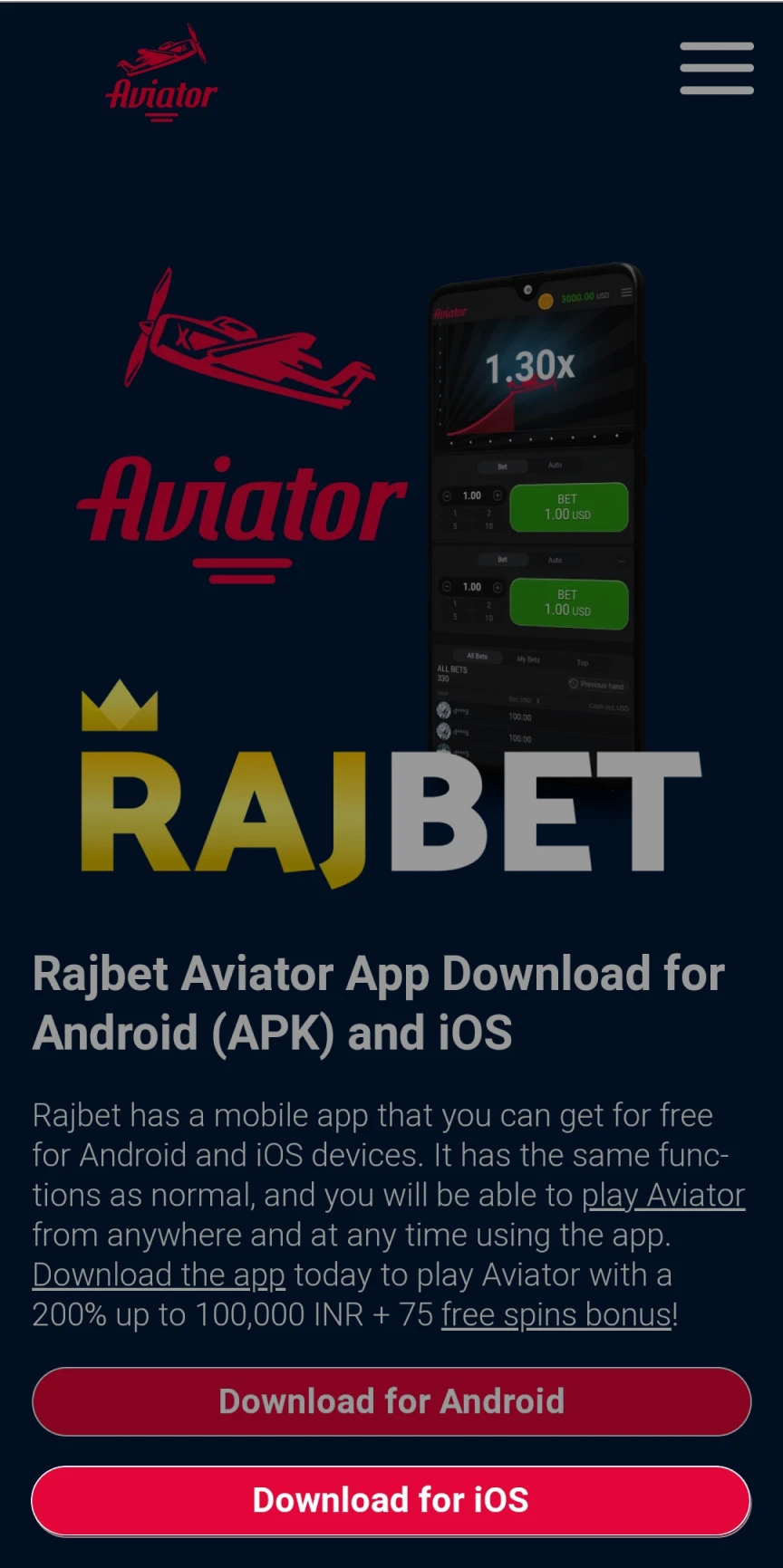 Go to the Rajbet homepage to download the app for iOS.