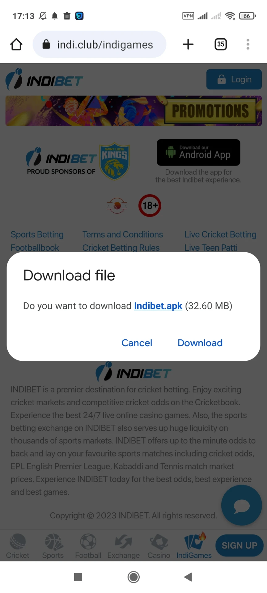 Download the Indibet app for Android.