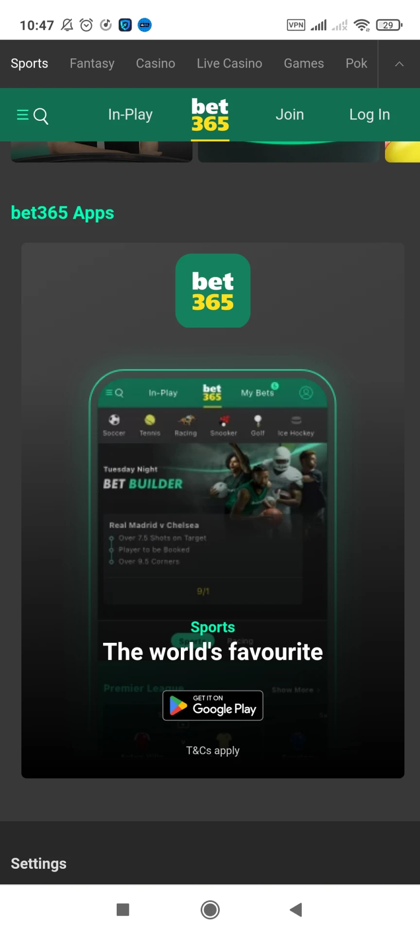 Download the Bet365 app for Android.