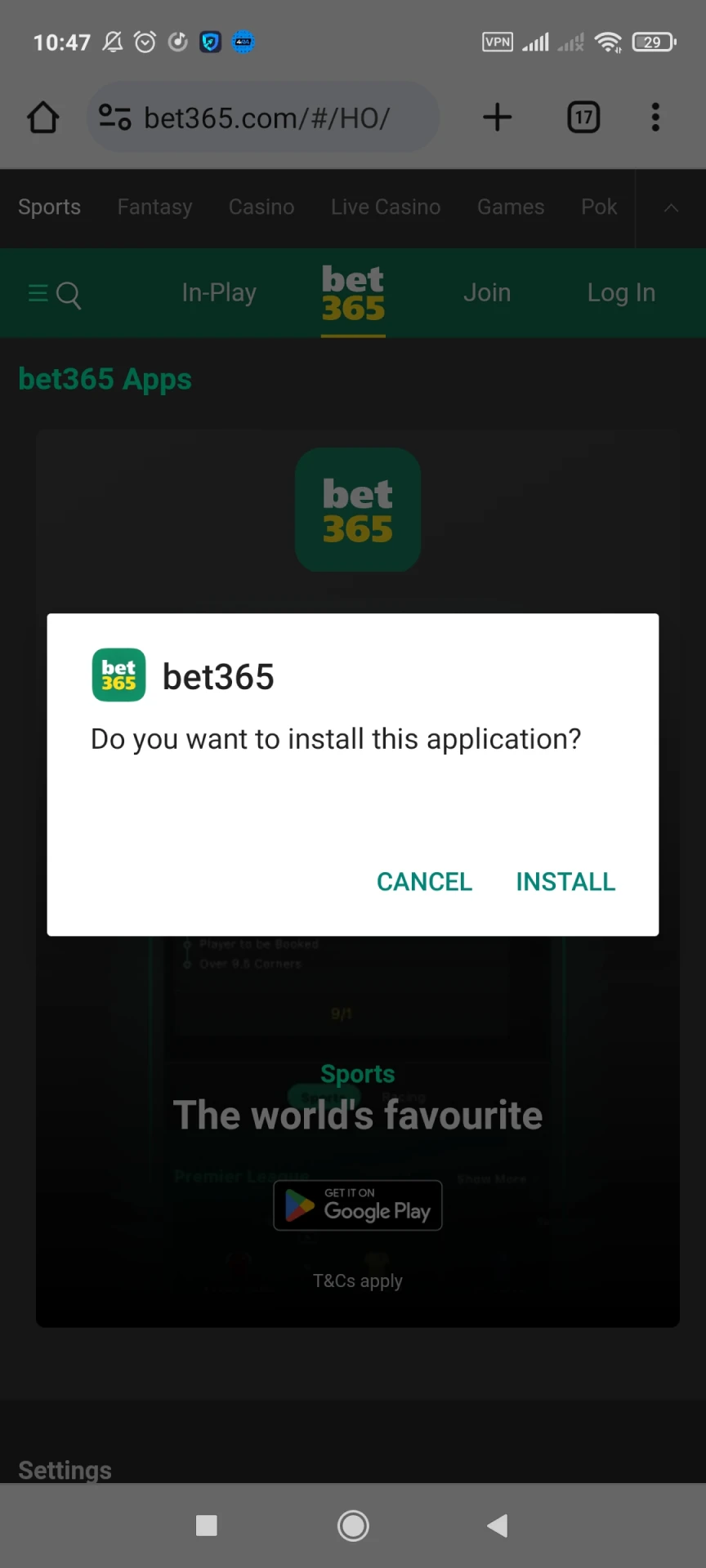 Start installing the Bet365 application on Android.