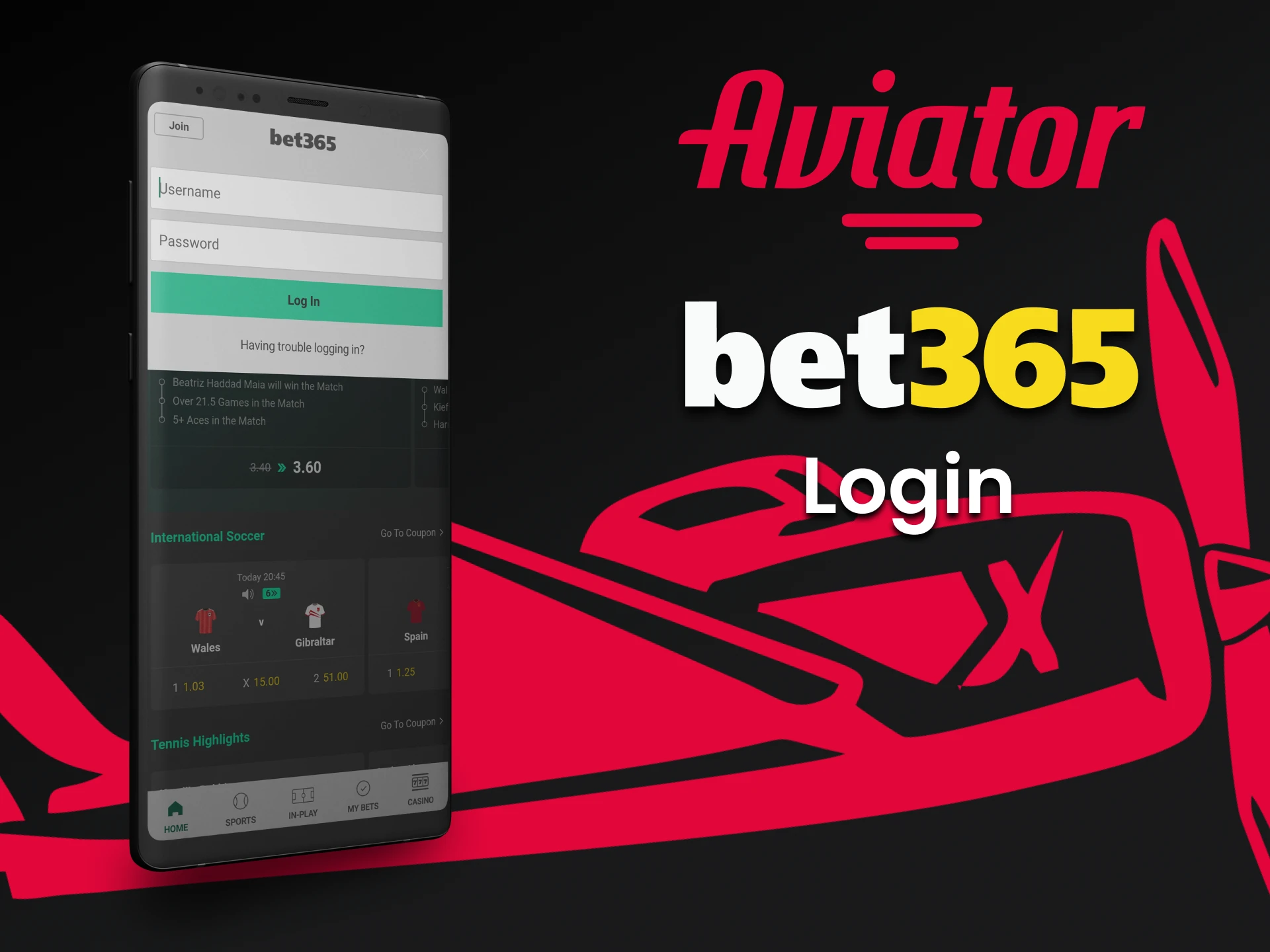 Faça login em sua conta através do aplicativo da Bet365 para jogar Aviator.
