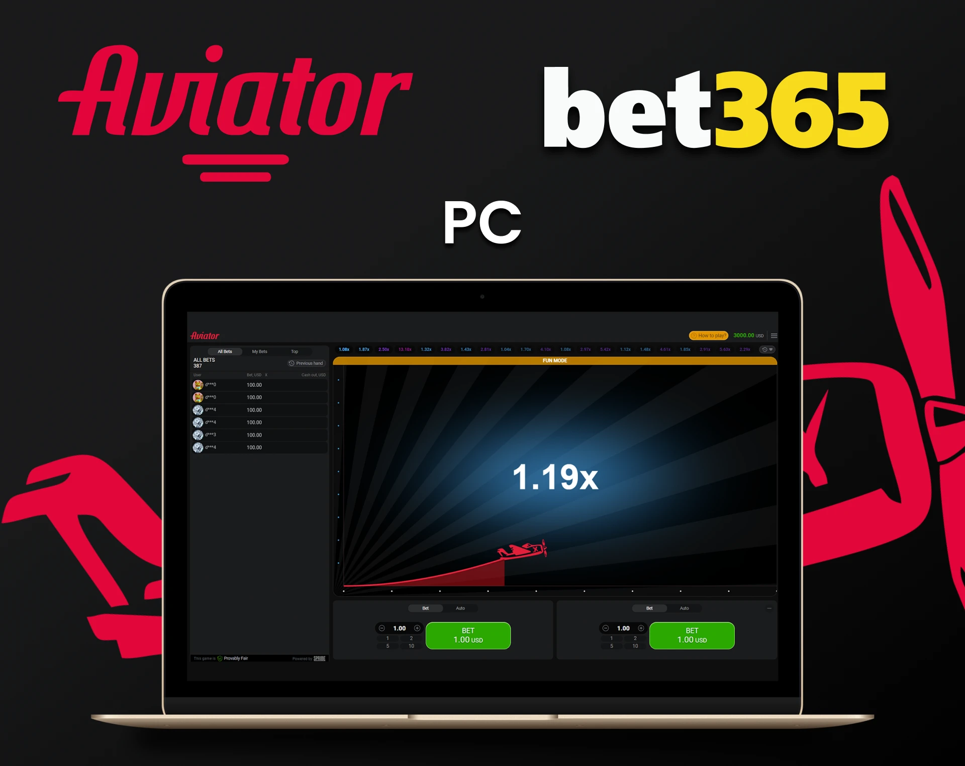 Você pode jogar Aviator na bet365 através de seu PC.