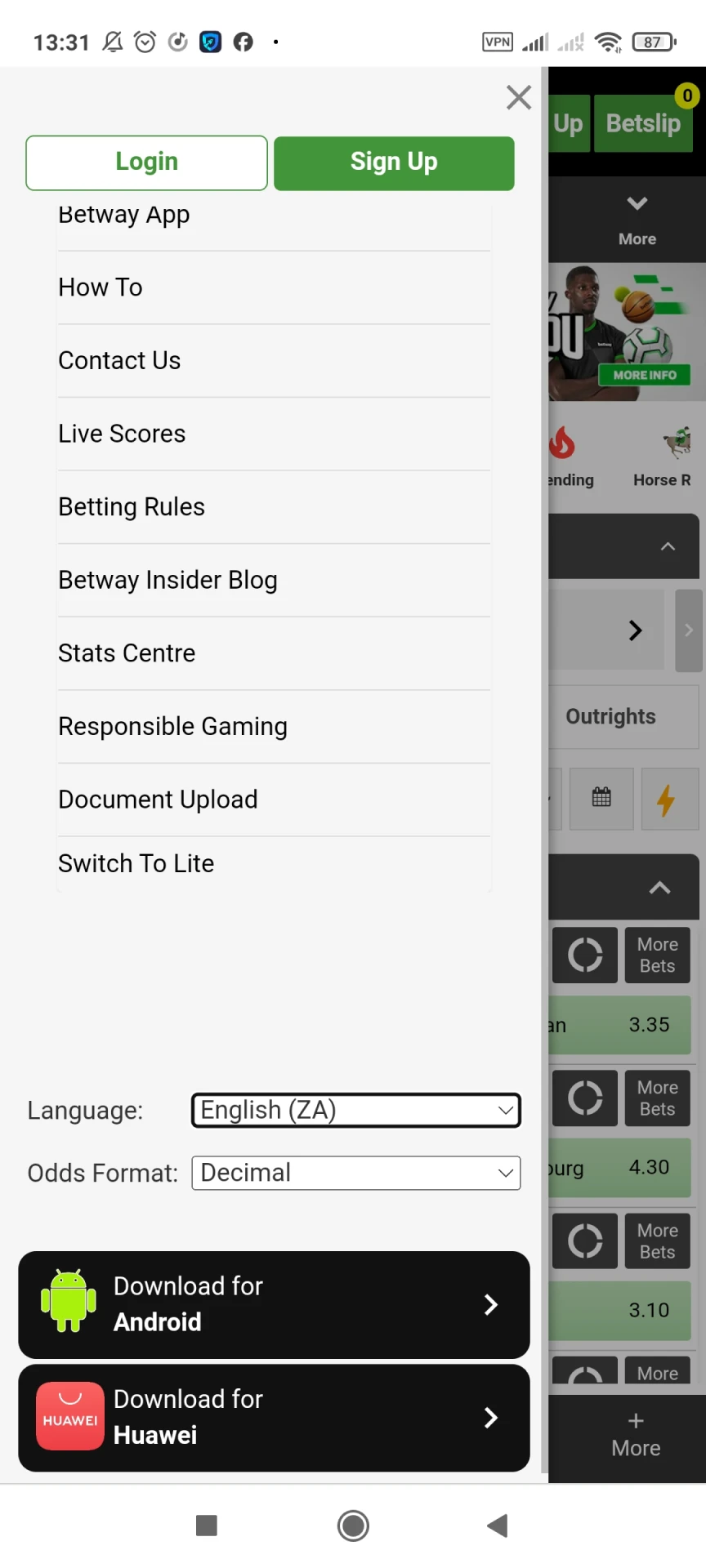 Find the Betway app to download on Android.