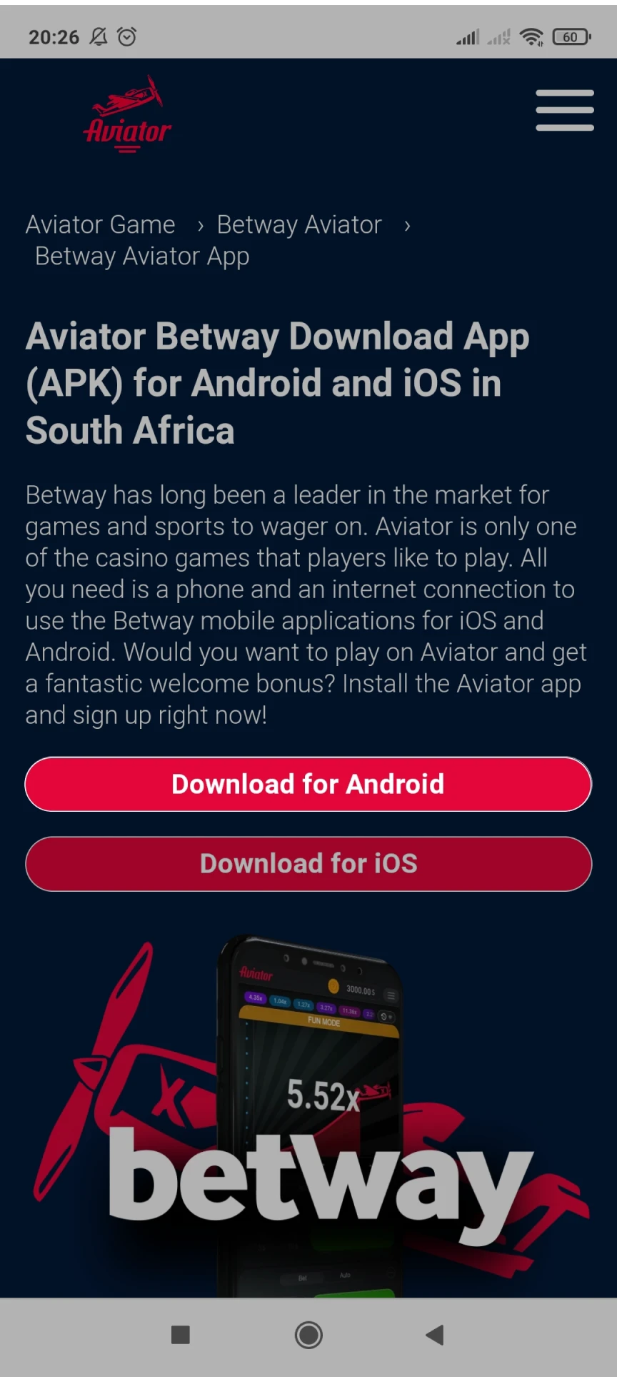 Follow the link to download the Betway application on Android.