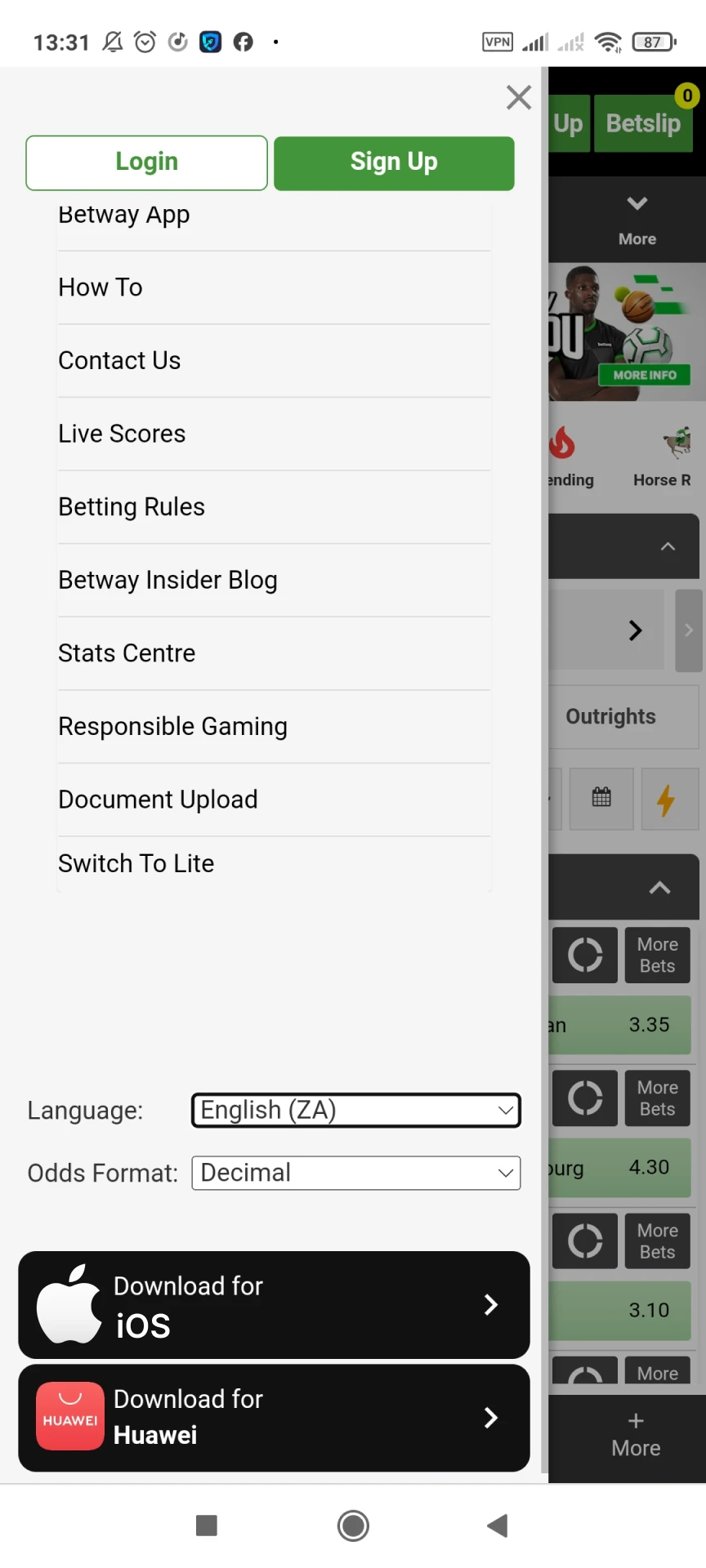 Find the Betway app to download on iOS.