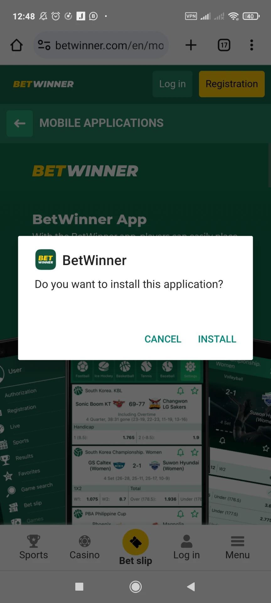 Start installing the Betwinner app for Android.