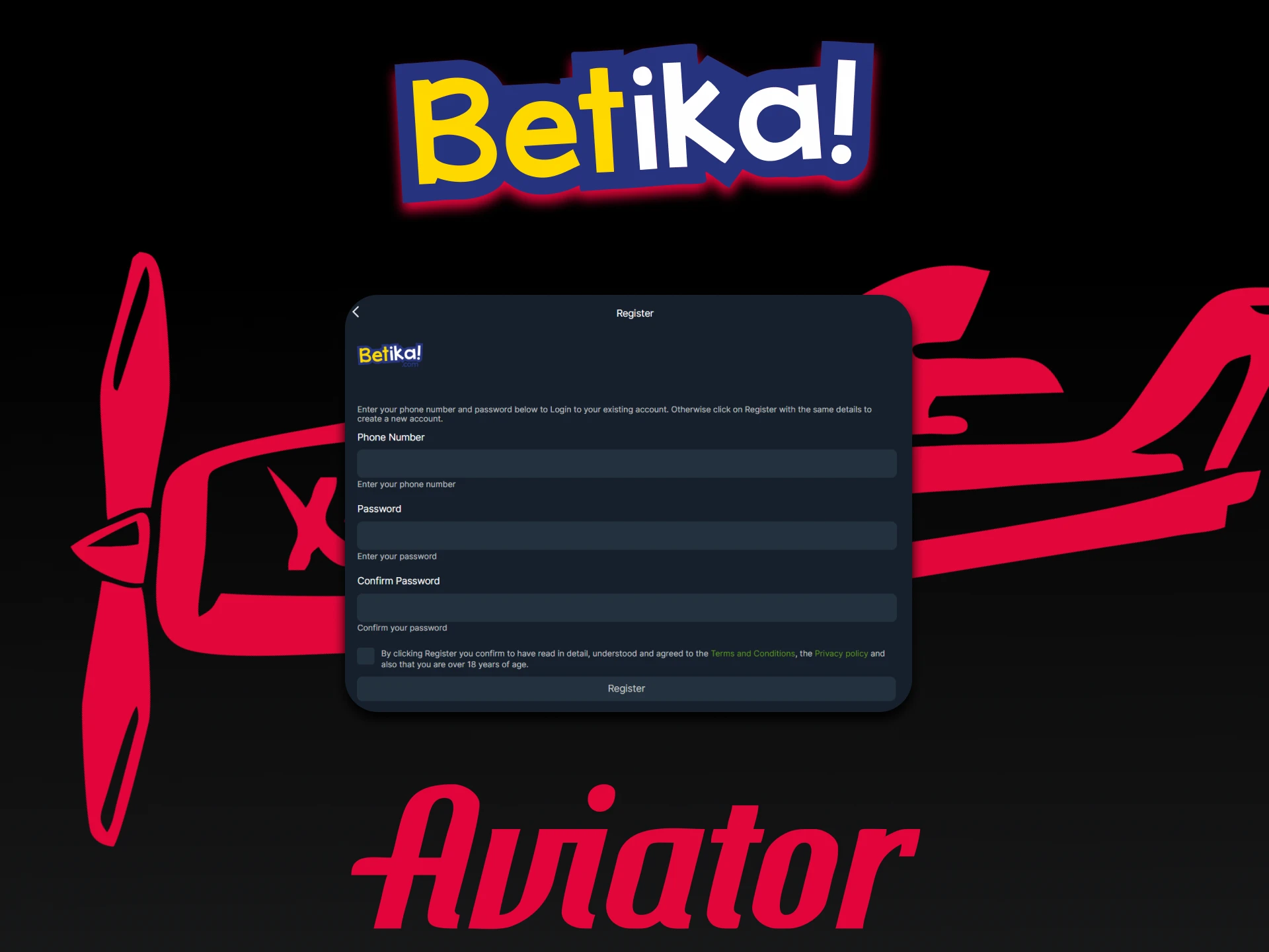 Sign up for Betika to play Aviator.