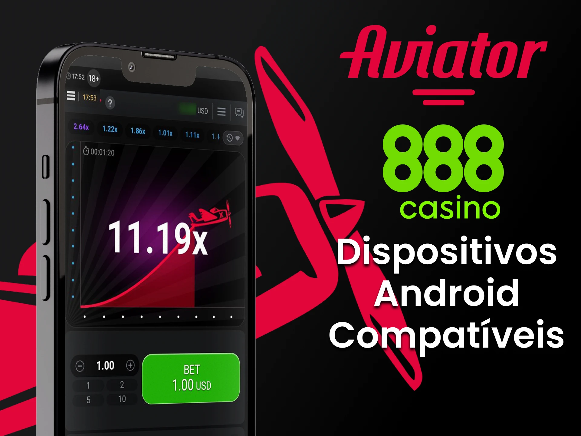 Para jogar Aviator, use o aplicativo 888casino para Android.