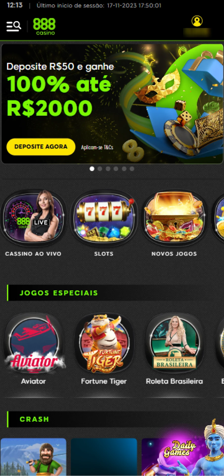 Página principal do aplicativo 888 casino.