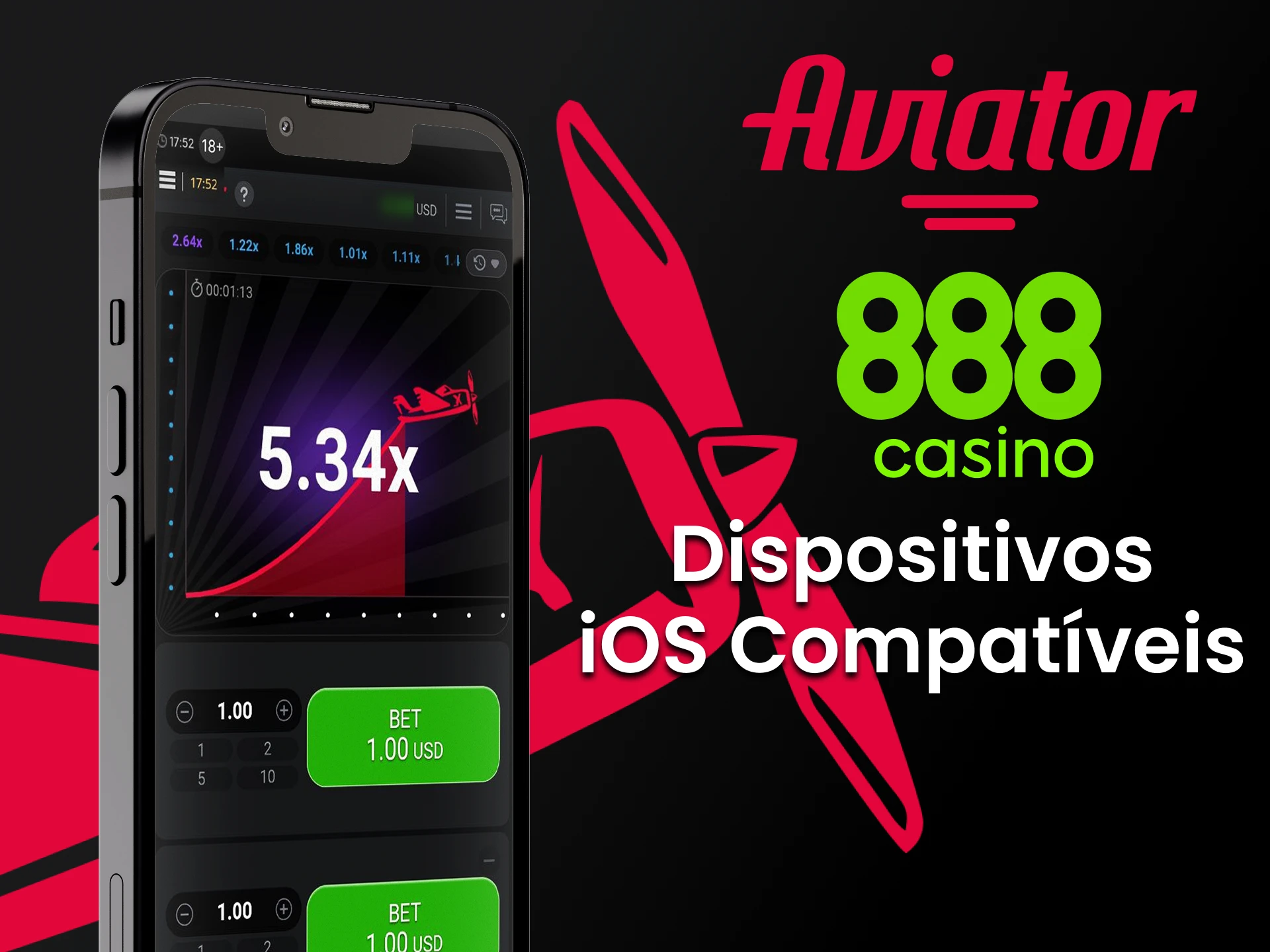 Jogue Aviator através do aplicativo 888 casino em seu dispositivo iOS.