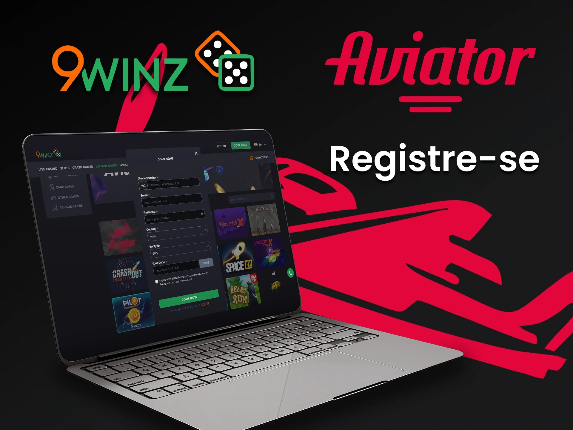 Crie uma conta no 9winz para jogar Aviator.