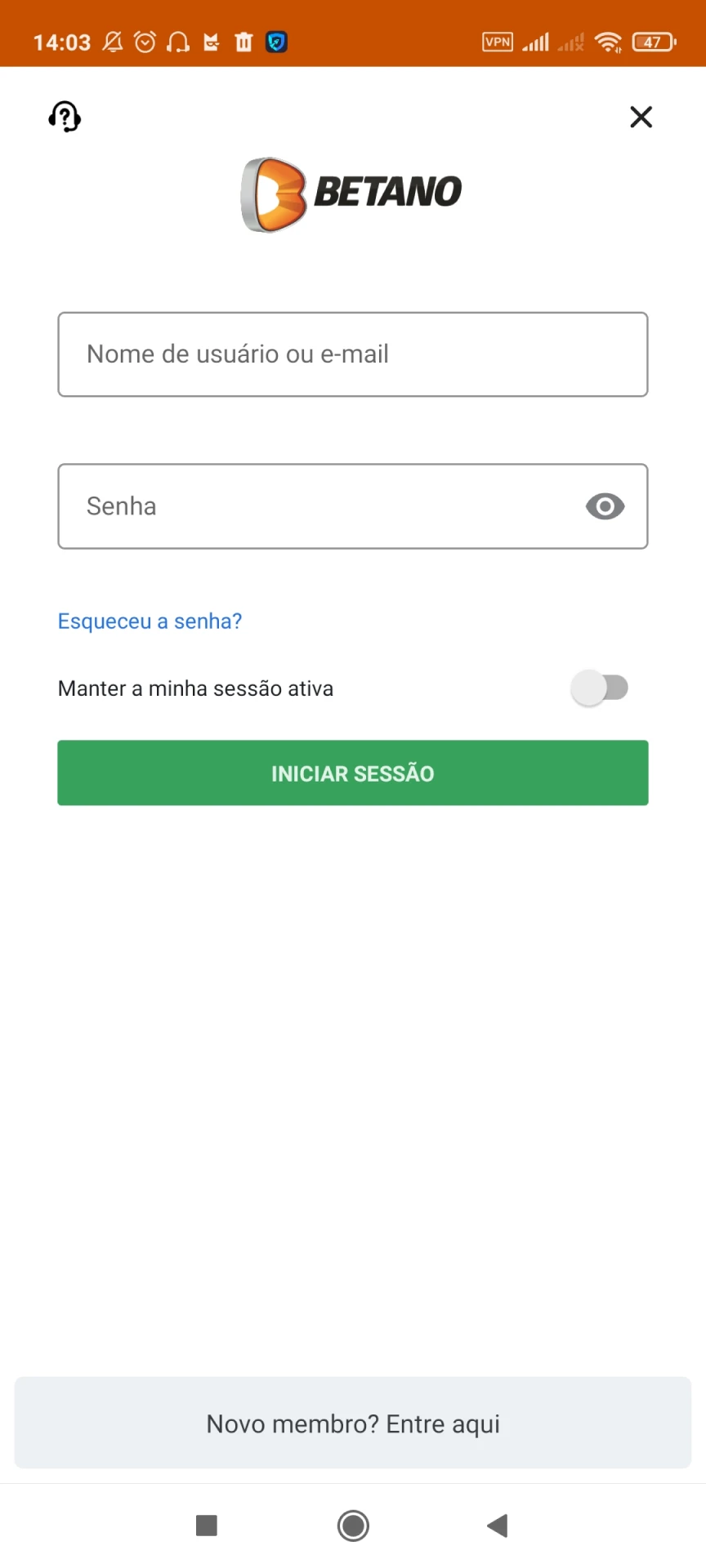 Faça login no aplicativo Betano no Android.