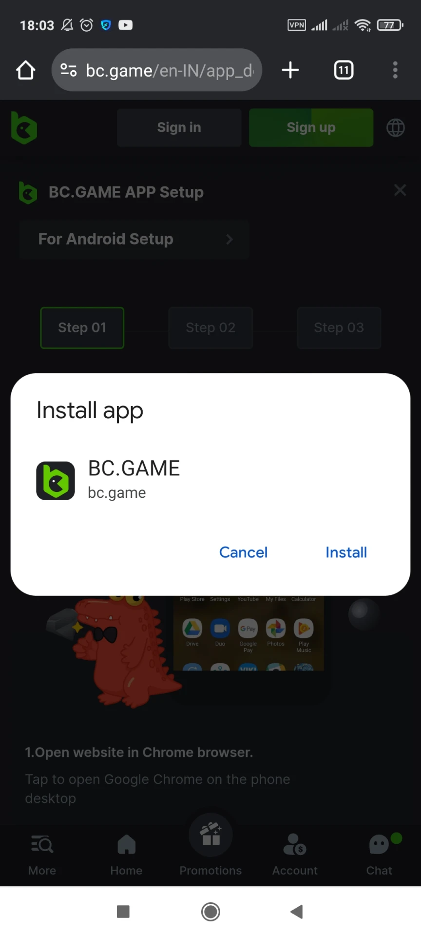 Start installing the BCGame Android application.