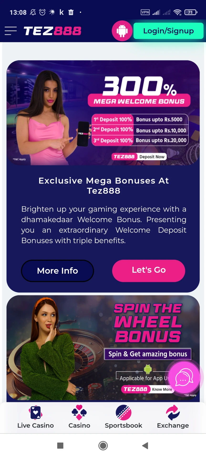 Visit the page with bonuses in the Tez888 application.