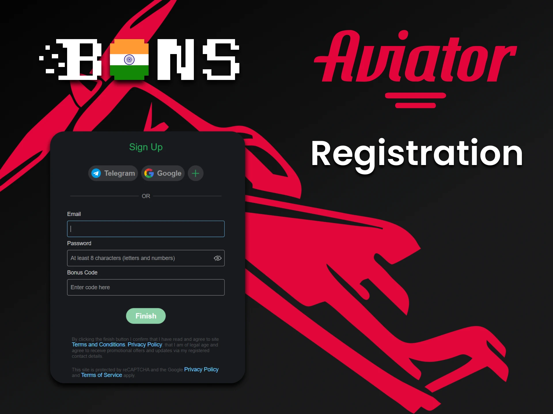 Create an account on Bons to play Aviator.