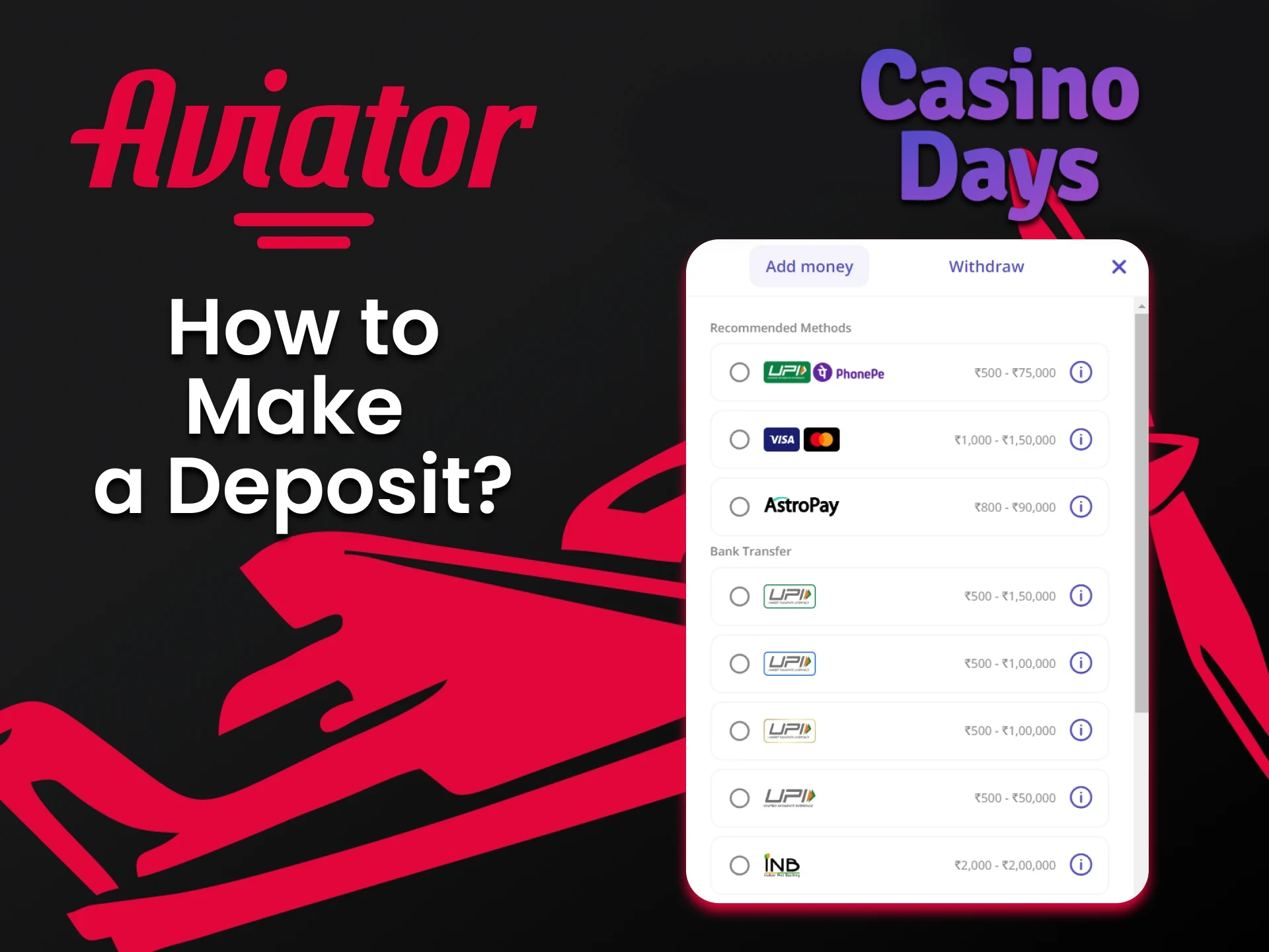 We will tell you how to top up funds for Aviator at Casino Days.