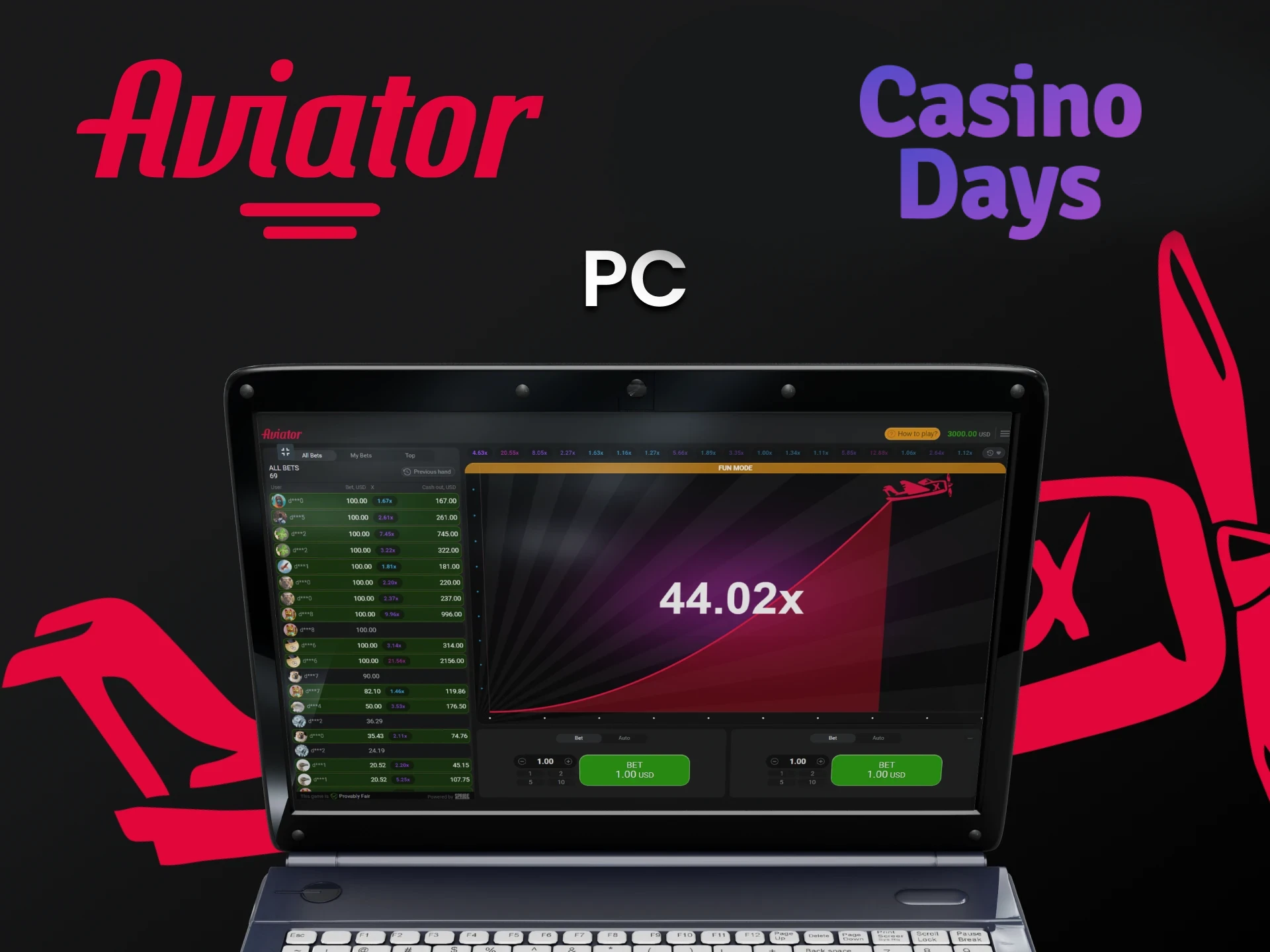 Use your PC to play Aviator at Casino Days.