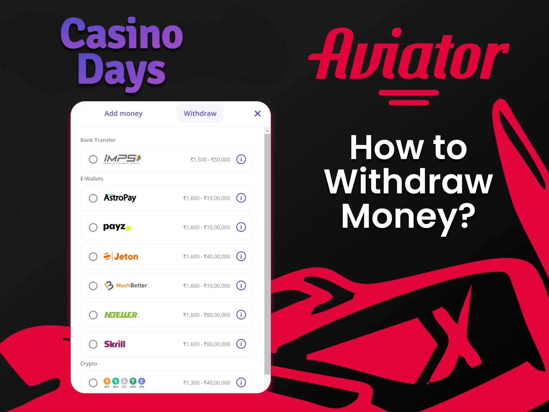 We will tell you how to withdraw funds for Aviator at Casino Days.