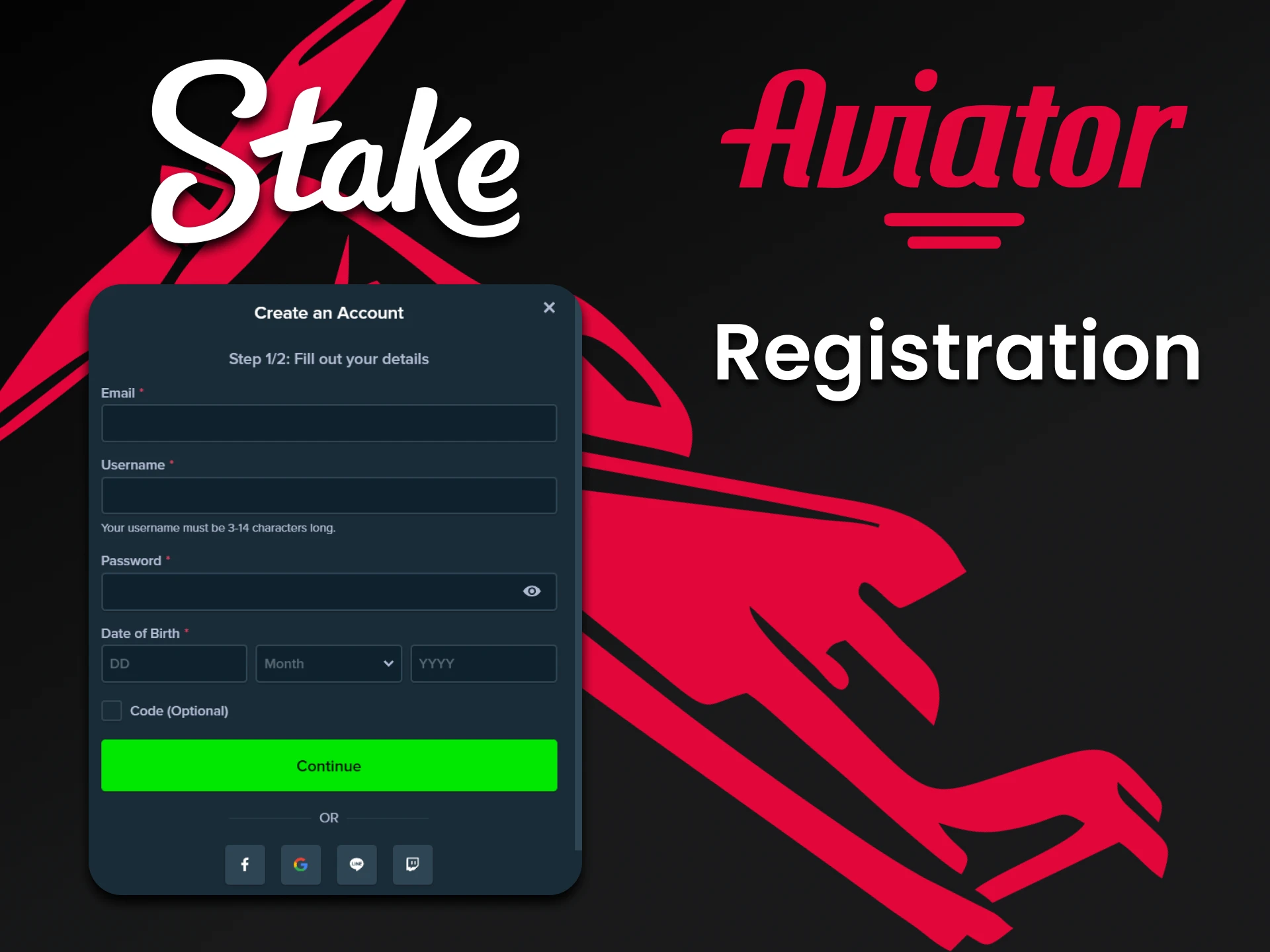 Register for Stake to play Aviator.