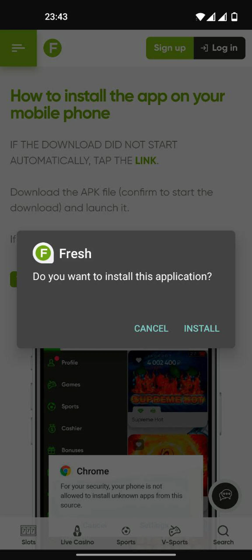 Click the install Fresh Casino button to install the application.