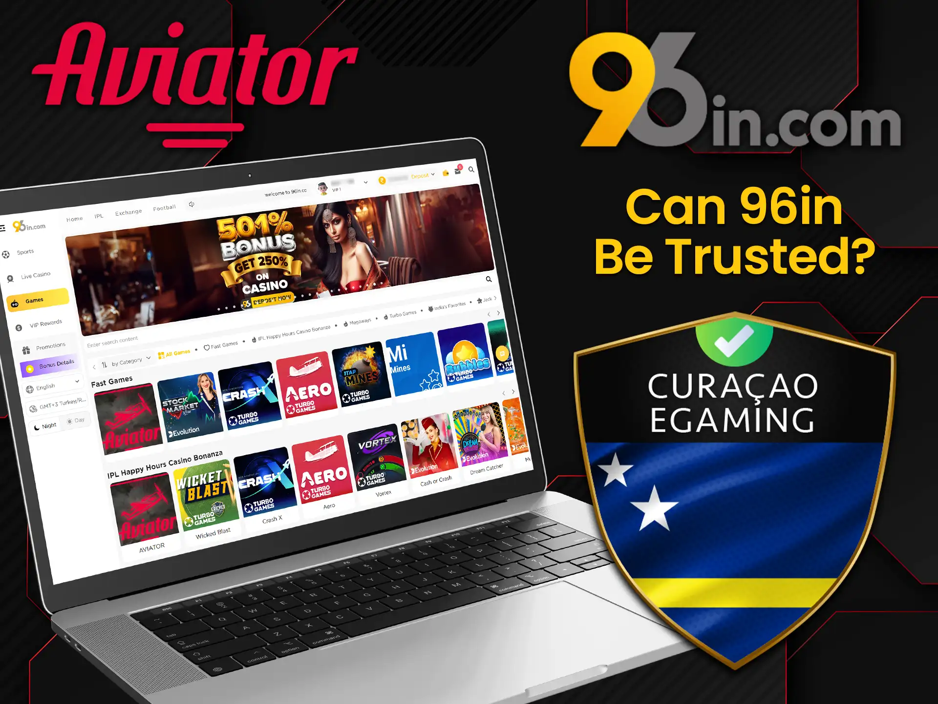 96in provides gambling services legally and is licensed by Curacao.
