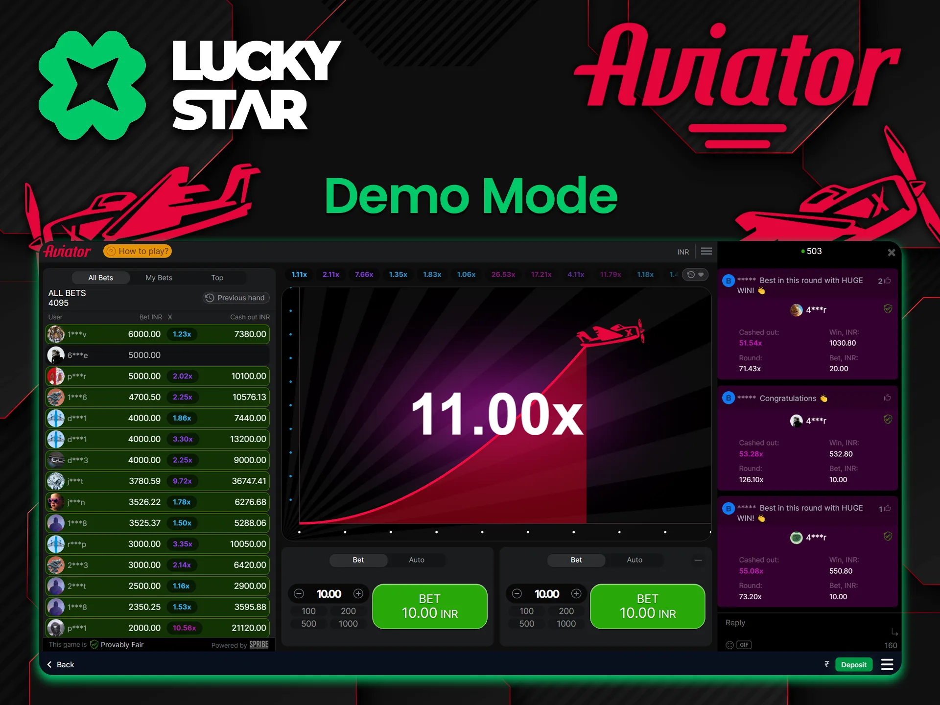 Aviator demo mode is available on the Lucky Star platform.