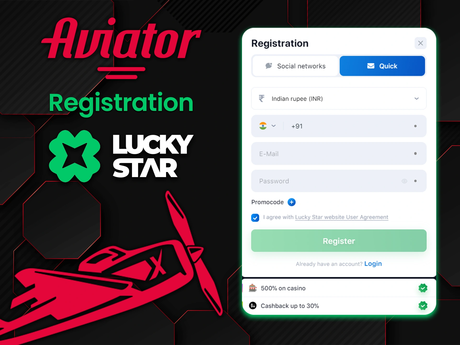 Before you start playing Aviator register an account with Lucky Star.