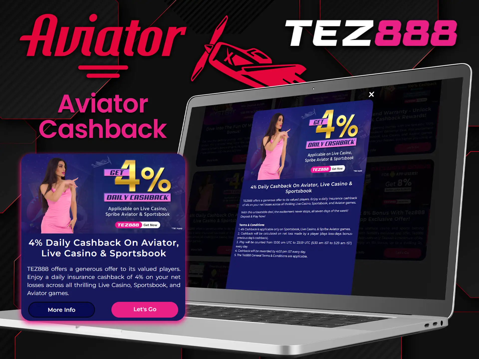 Tez888 offers a cashback bonus from net losses at Aviator.