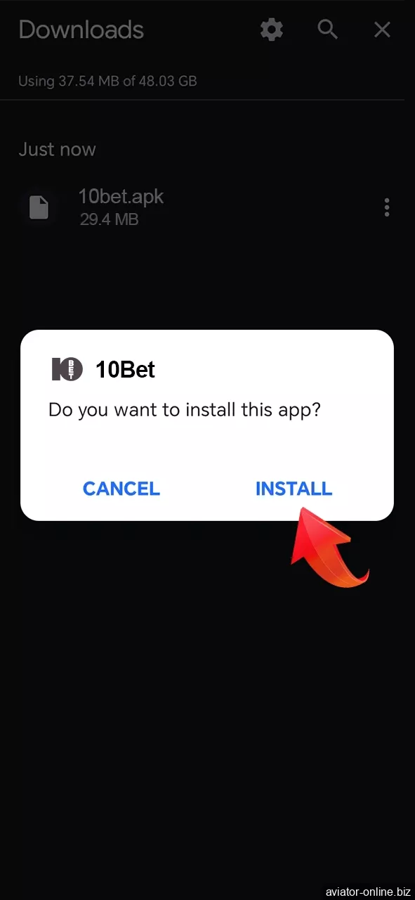 Confirm the installation of the 10Bet mobile app on your device.