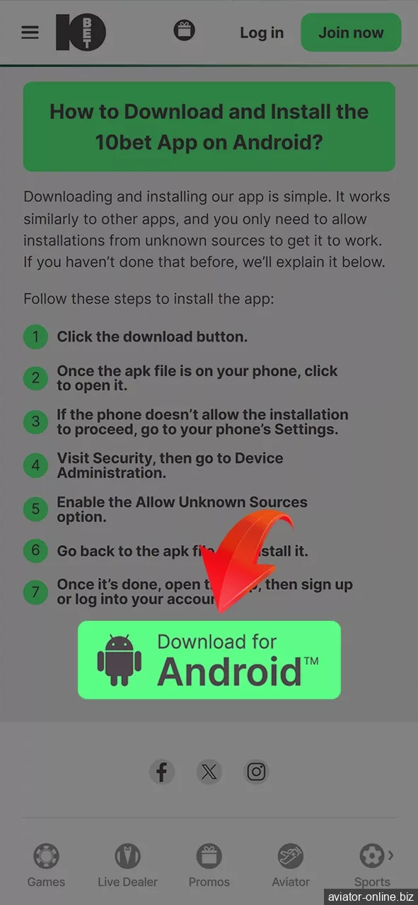 Select the Android version of the 10Bet app and start downloading.