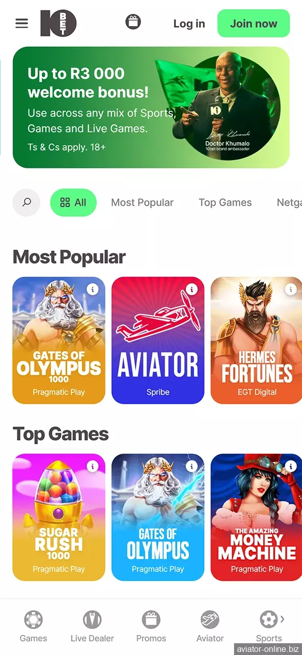 The home page of the 10Bet app will tell you about bonuses and popular games.